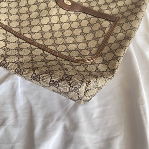 Vintage Gucci Sherry Line GUCCI GG Plus Tote Bag Leather Brown Beige Red Green - Picture 5 of 12